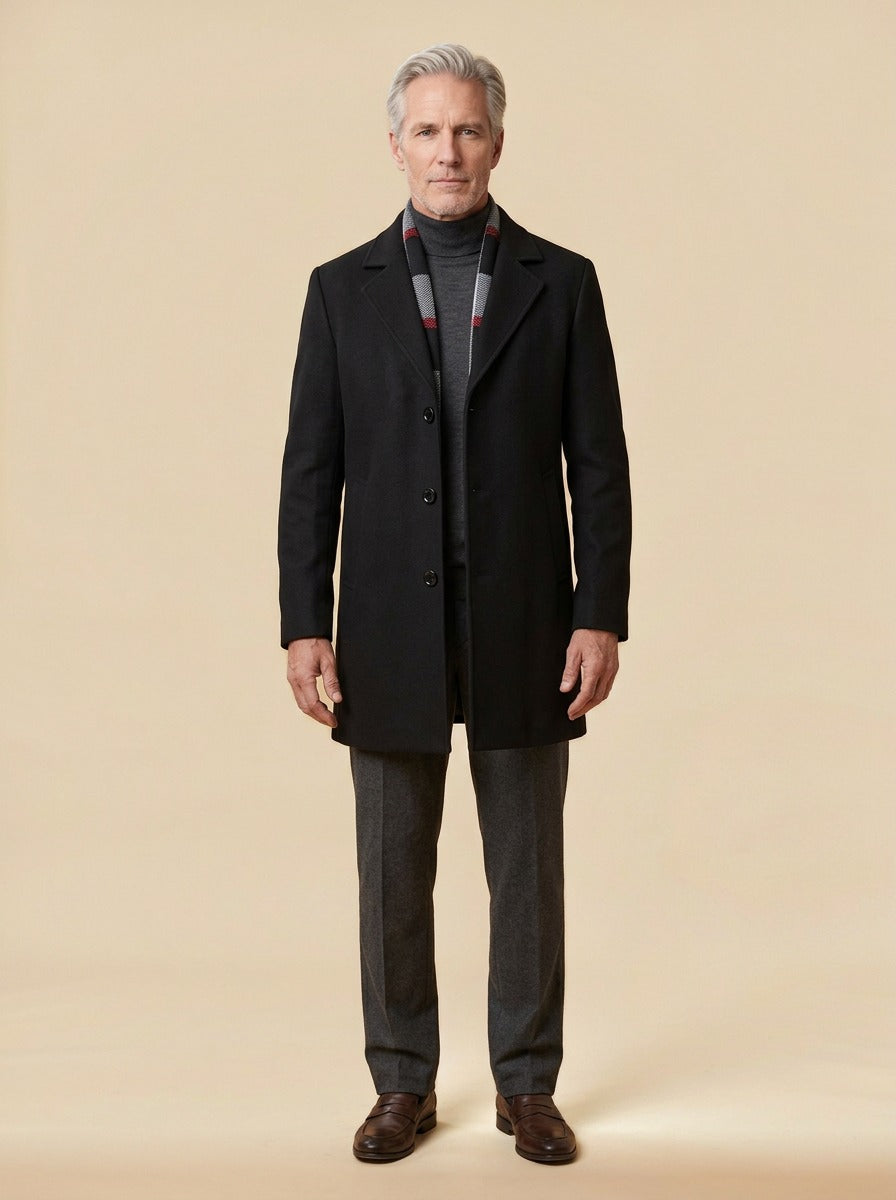 Blackwell plaid collar topcoat in Black, studio, Gentlemens Manor