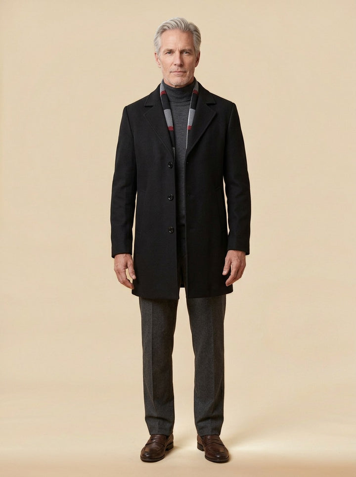 Blackwell plaid collar topcoat in Black, studio, Gentlemens Manor