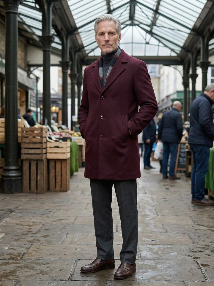 Blackwell plaid collar topcoat in Burgundy, lifestyle in a covered market hall, Gentlemens Manor