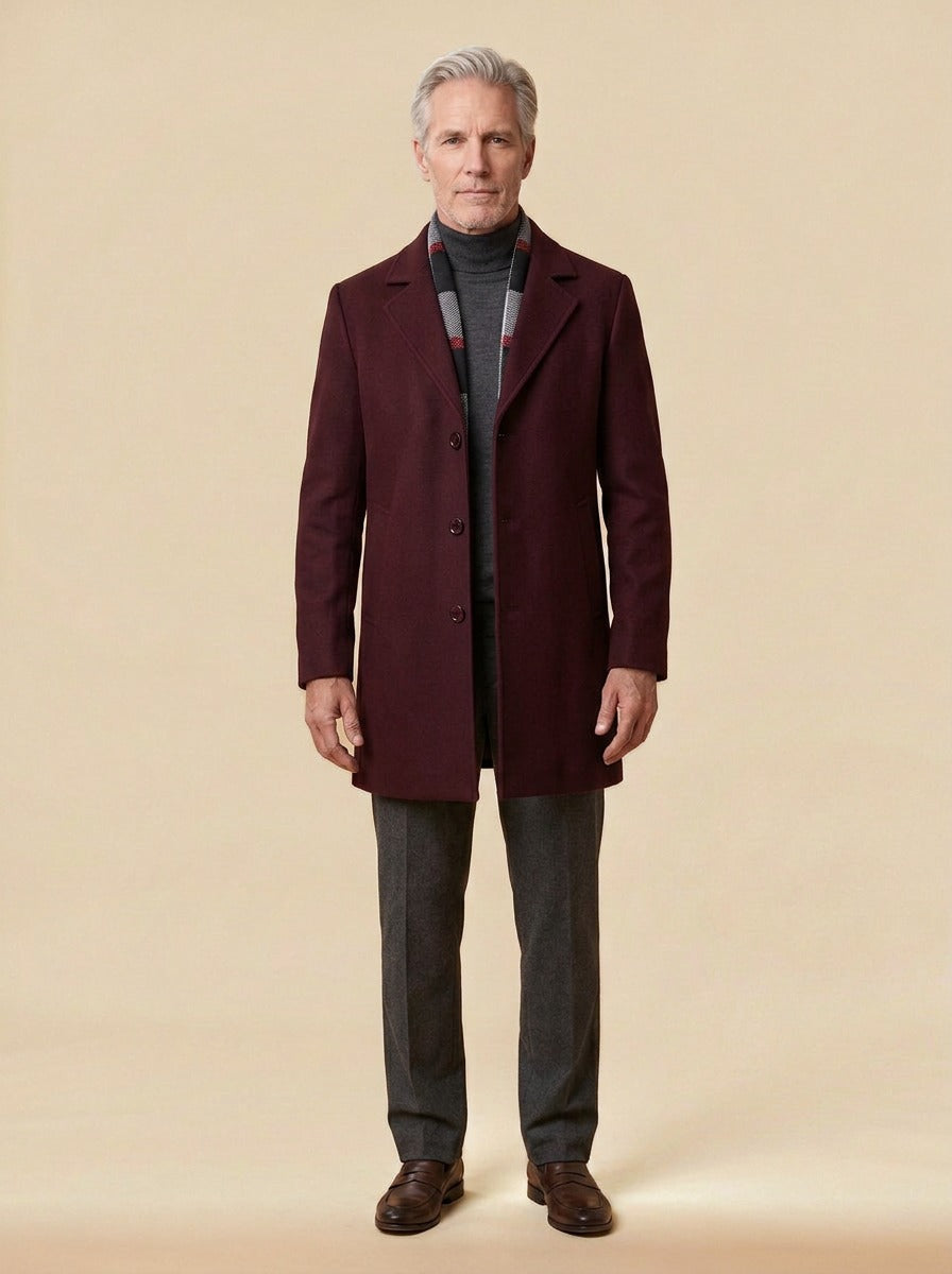 Blackwell plaid collar topcoat in Burgundy, studio, Gentlemens Manor