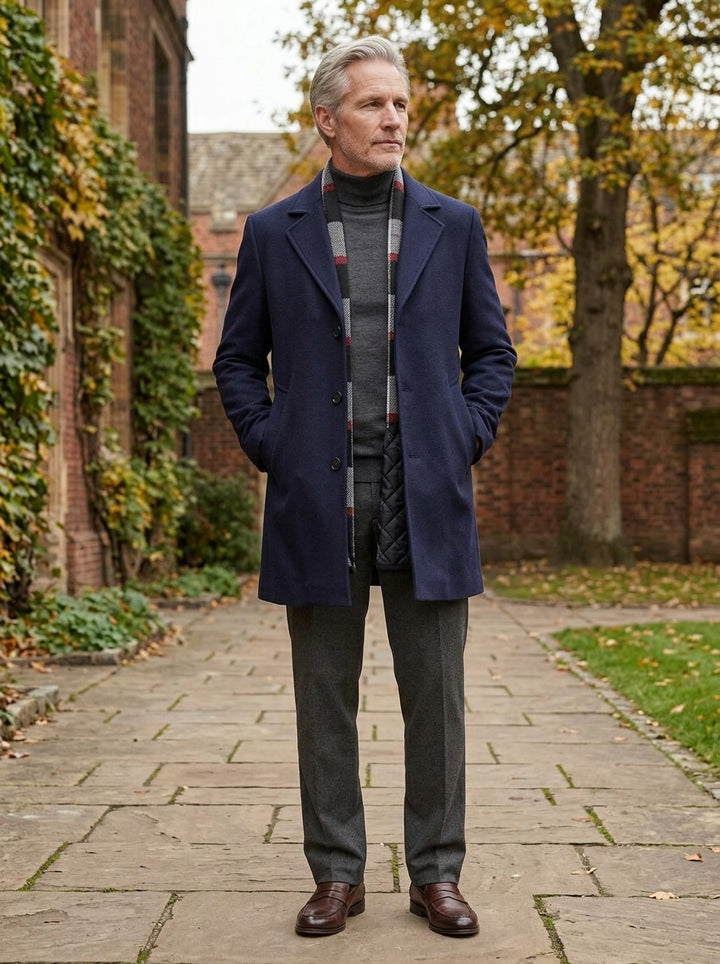 Blackwell plaid collar topcoat in Navy, lifestyle in a brick college courtyard, Gentlemens Manor