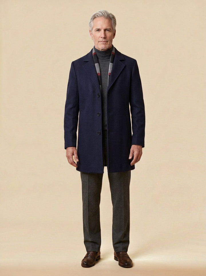 Blackwell plaid collar topcoat in Navy, studio, Gentlemens Manor