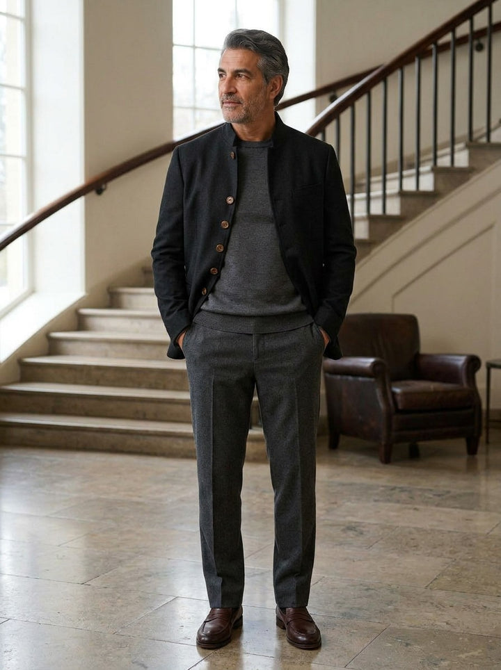 Blaine wool stand collar jacket in Black, lifestyle in a hotel lobby, Gentlemens Manor