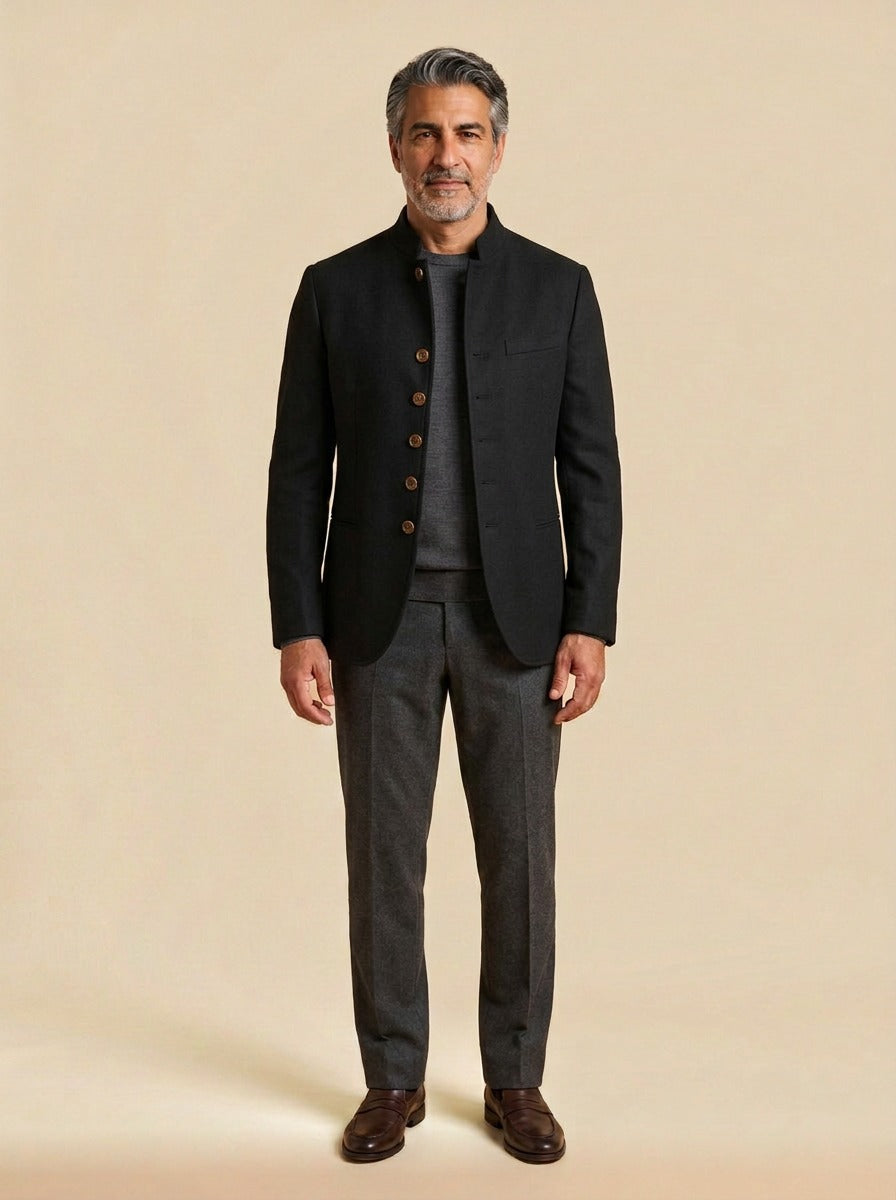 Blaine wool stand collar jacket in Black, studio, Gentlemens Manor