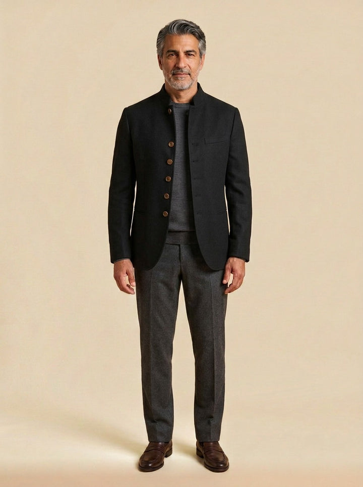 Blaine wool stand collar jacket in Black, studio, Gentlemens Manor