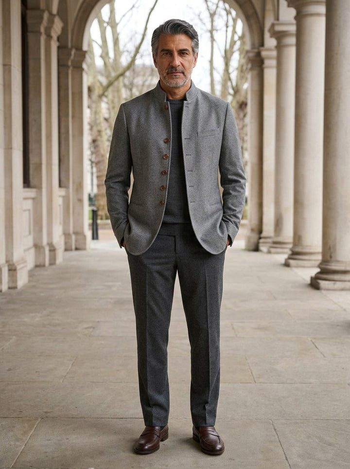 Blaine wool stand collar jacket in Grey, lifestyle in a stone colonnade, Gentlemens Manor