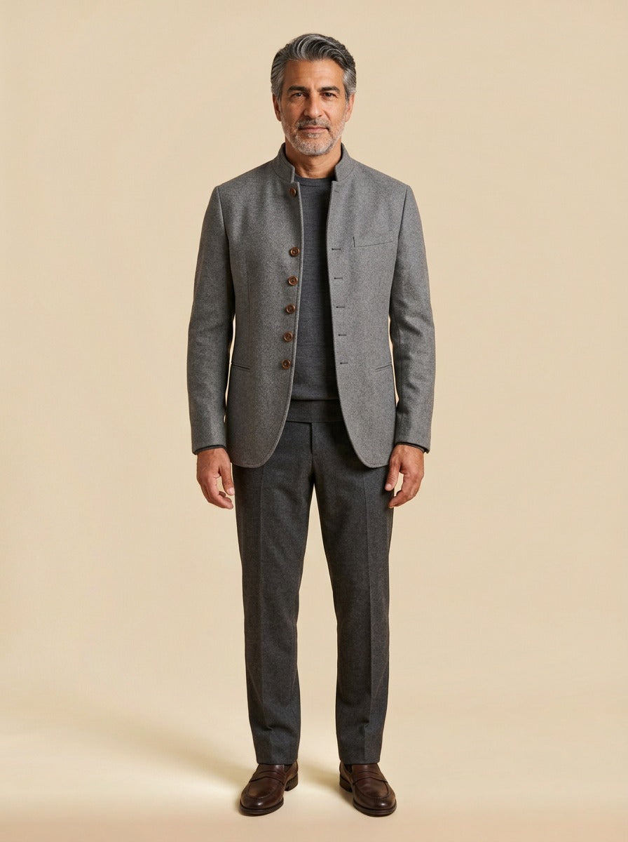 Blaine wool stand collar jacket in Grey, studio, Gentlemens Manor