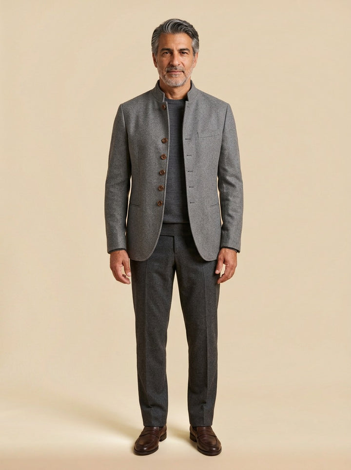 Blaine wool stand collar jacket in Grey, studio, Gentlemens Manor