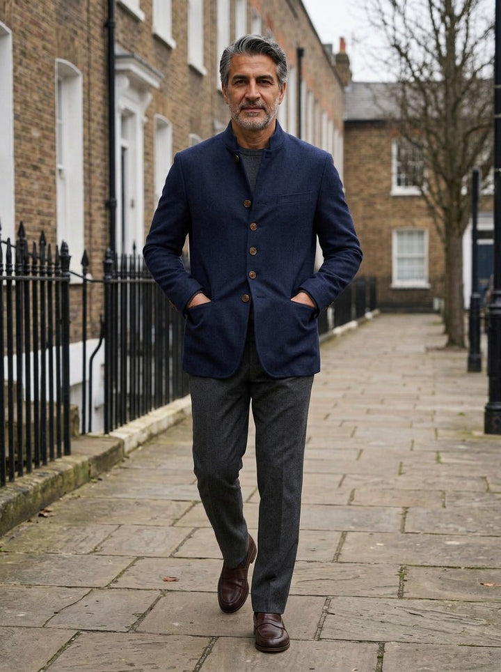 Blaine wool stand collar jacket in Navy, lifestyle on a street of brick row houses, Gentlemens Manor