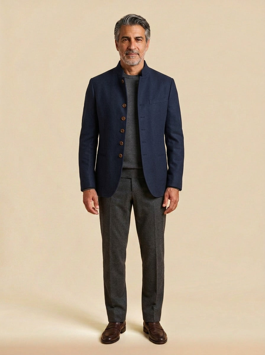 Blaine wool stand collar jacket in Navy, studio, Gentlemens Manor