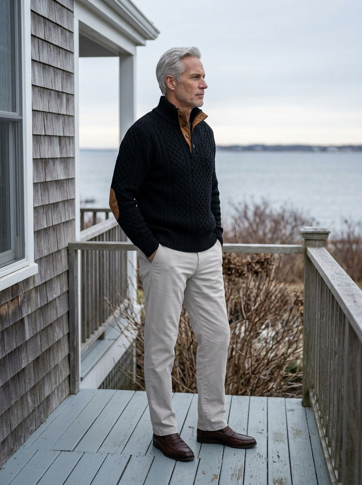 Blakely cable knit sweater in Black, lifestyle, Gentlemens Manor