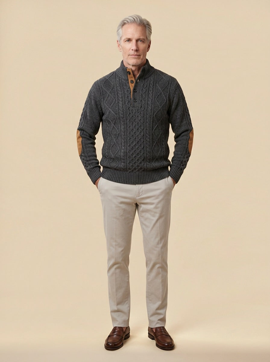 Blakely cable knit sweater in Charcoal, studio, Gentlemens Manor