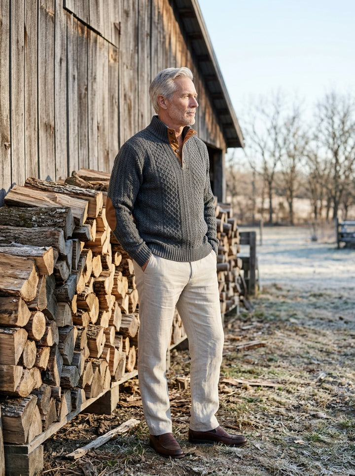 Blakely cable knit sweater in Charcoal, lifestyle, Gentlemens Manor