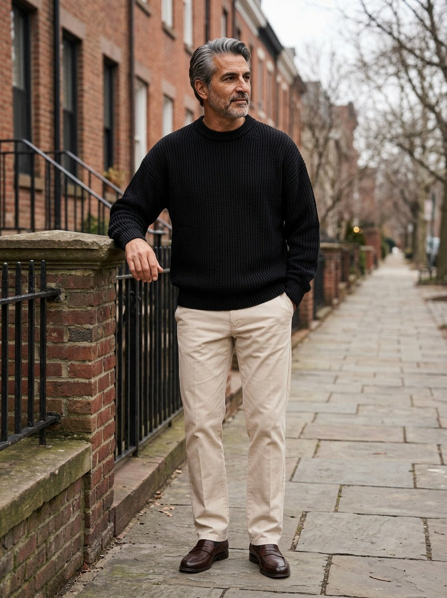 Bowen chunky ribbed crew neck sweater in Black, lifestyle on a street of brick row houses, Gentlemens Manor