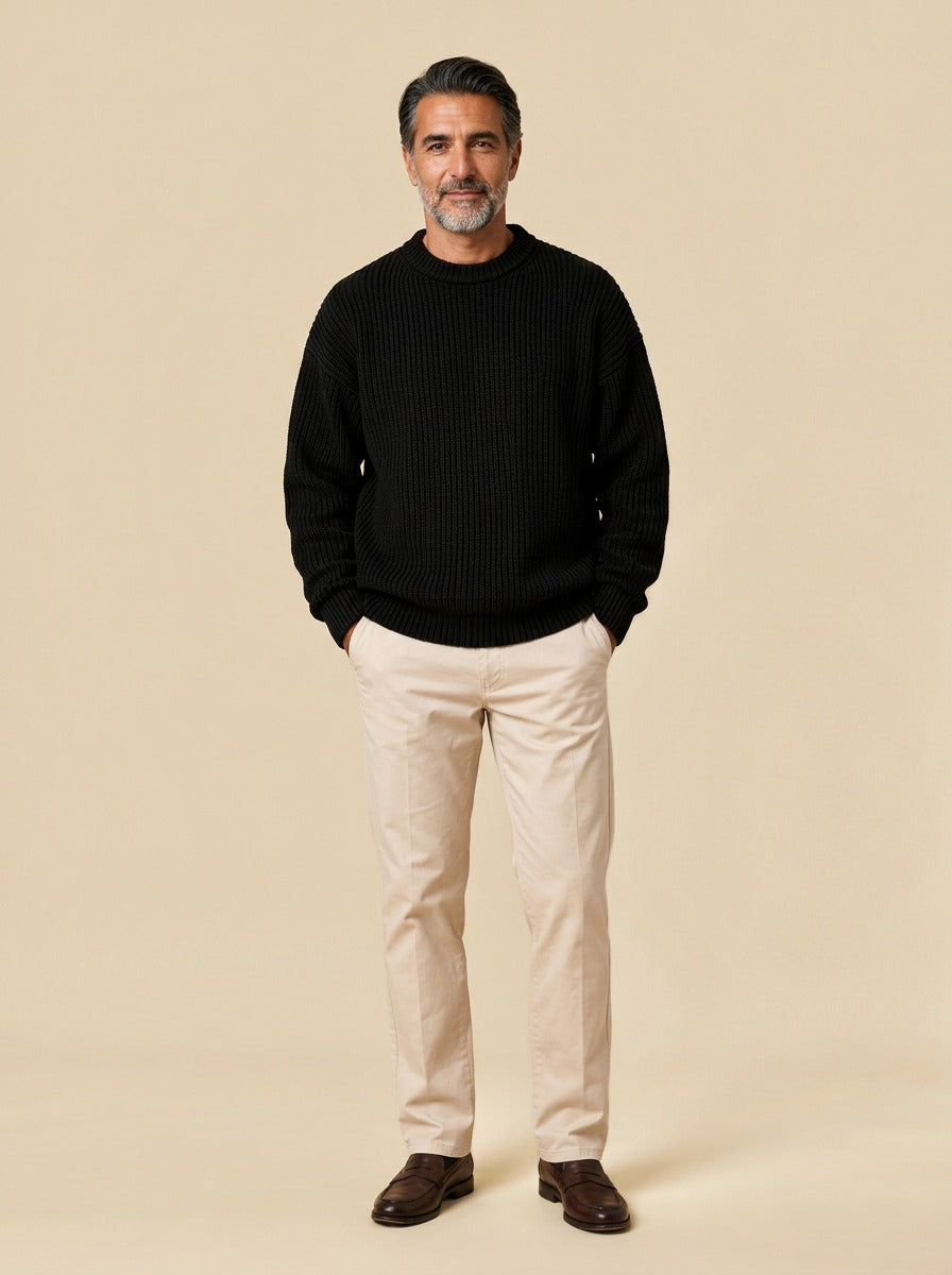 Bowen chunky ribbed crew neck sweater in Black, studio, Gentlemens Manor