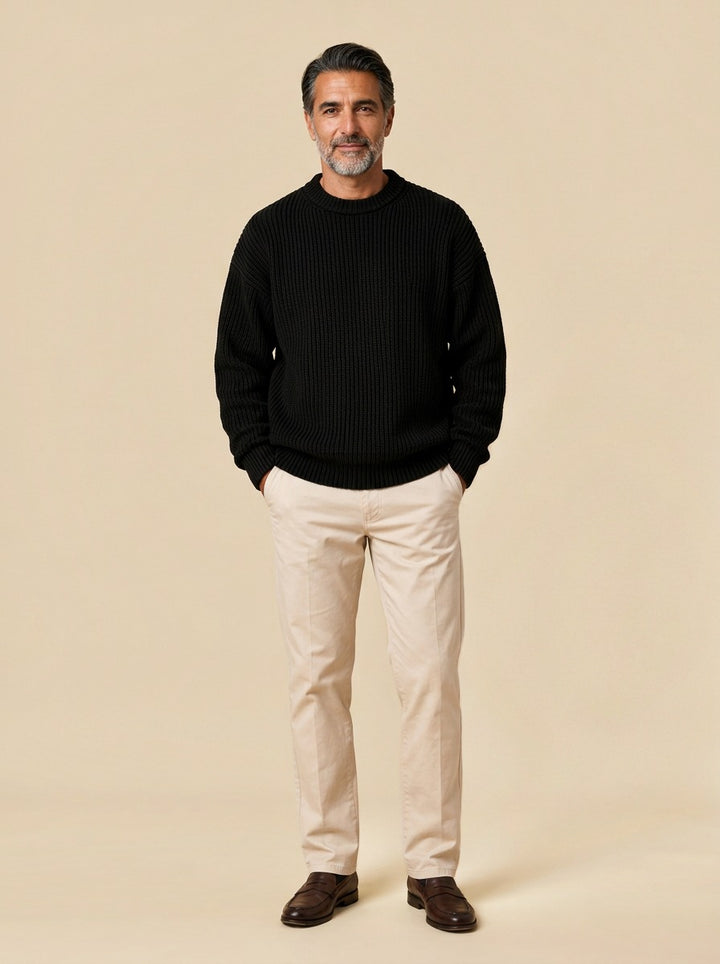Bowen chunky ribbed crew neck sweater in Black, studio, Gentlemens Manor