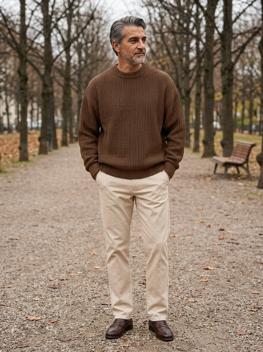 Bowen chunky ribbed crew neck sweater in Brown, lifestyle on a park path, Gentlemens Manor
