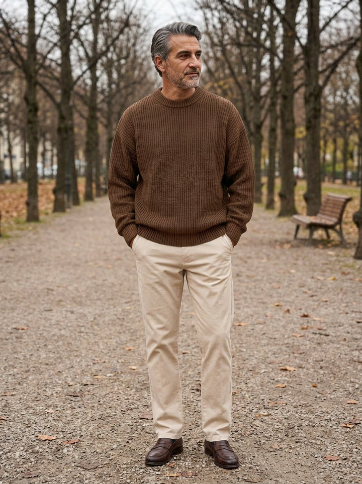 Bowen chunky ribbed crew neck sweater in Brown, lifestyle on a park path, Gentlemens Manor