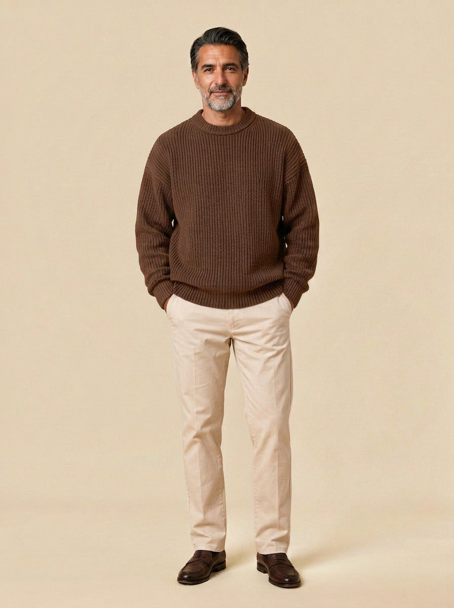 Bowen chunky ribbed crew neck sweater in Brown, studio, Gentlemens Manor