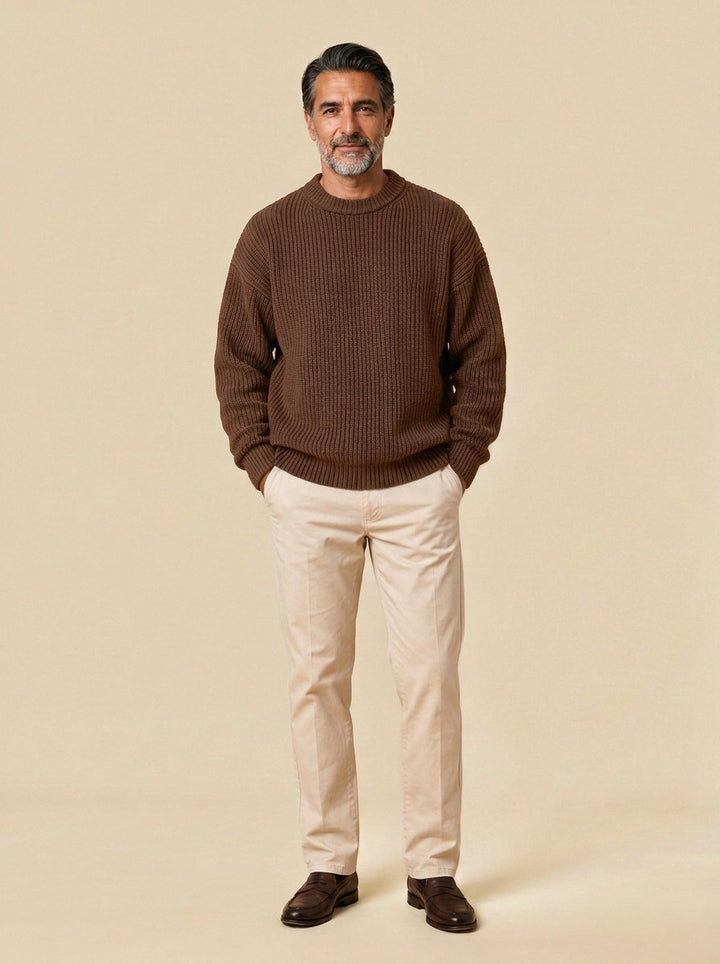 Bowen chunky ribbed crew neck sweater in Brown, studio, Gentlemens Manor