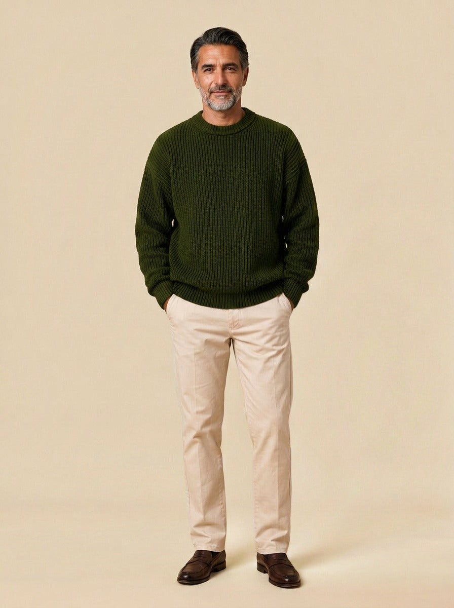 Bowen chunky ribbed crew neck sweater in Olive, studio, Gentlemens Manor