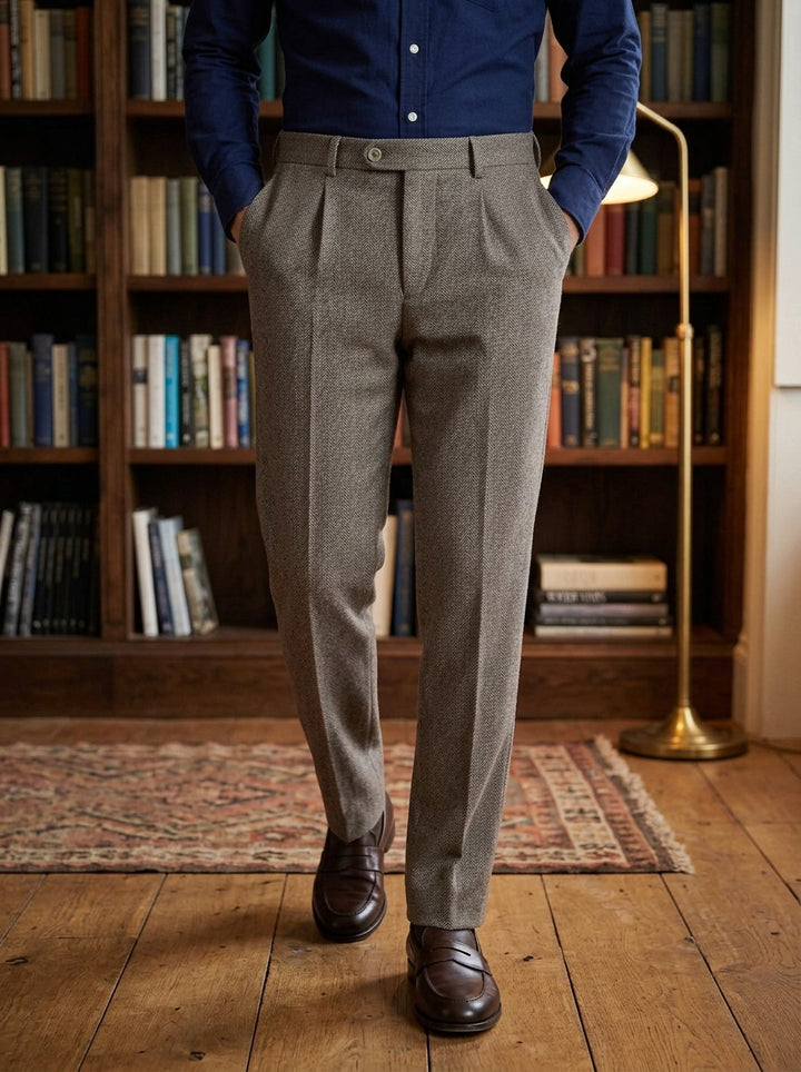 Bowman herringbone single pleat trousers in Brown, lifestyle in a private study, Gentlemens Manor