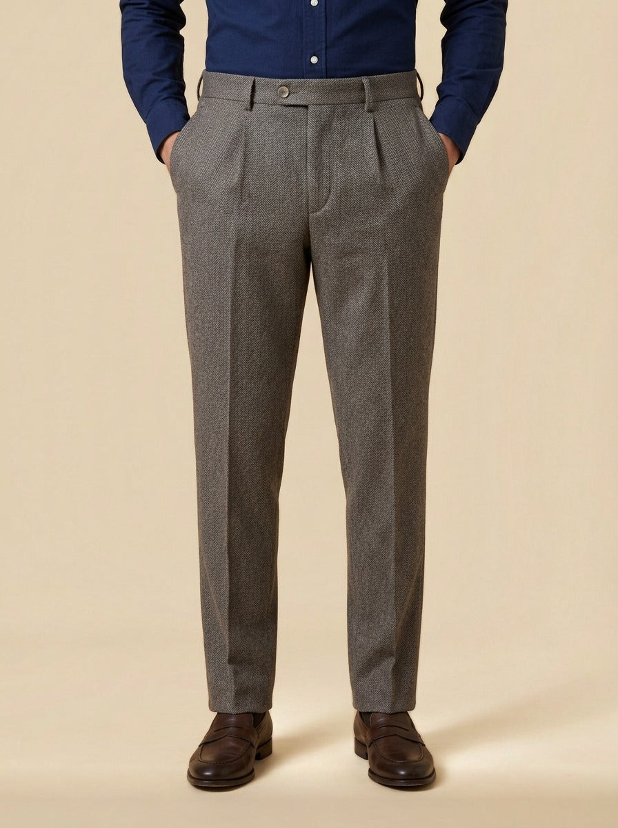 Bowman herringbone single pleat trousers in Brown, studio, Gentlemens Manor