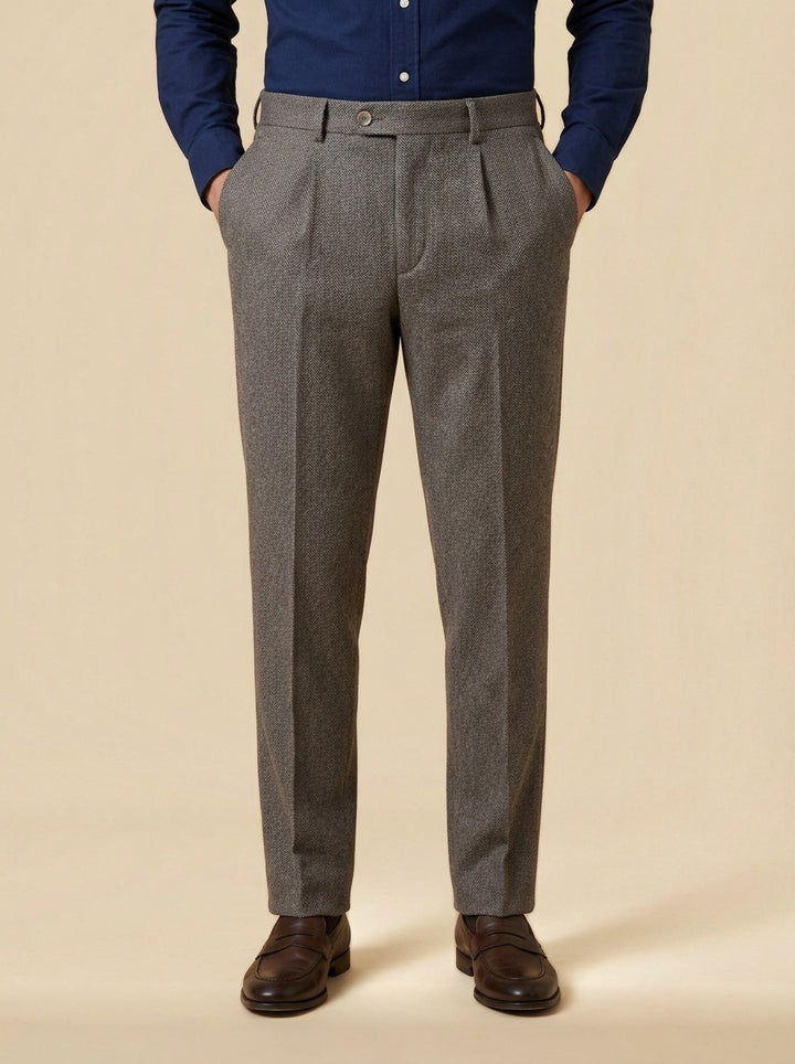 Bowman herringbone single pleat trousers in Brown, studio, Gentlemens Manor