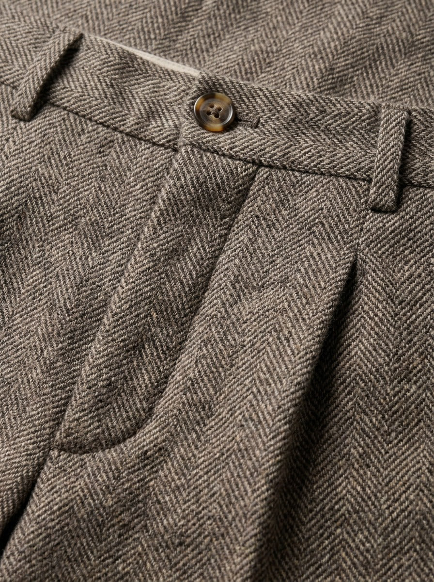 Bowman herringbone single pleat trousers, fabric close up, Gentlemens Manor
