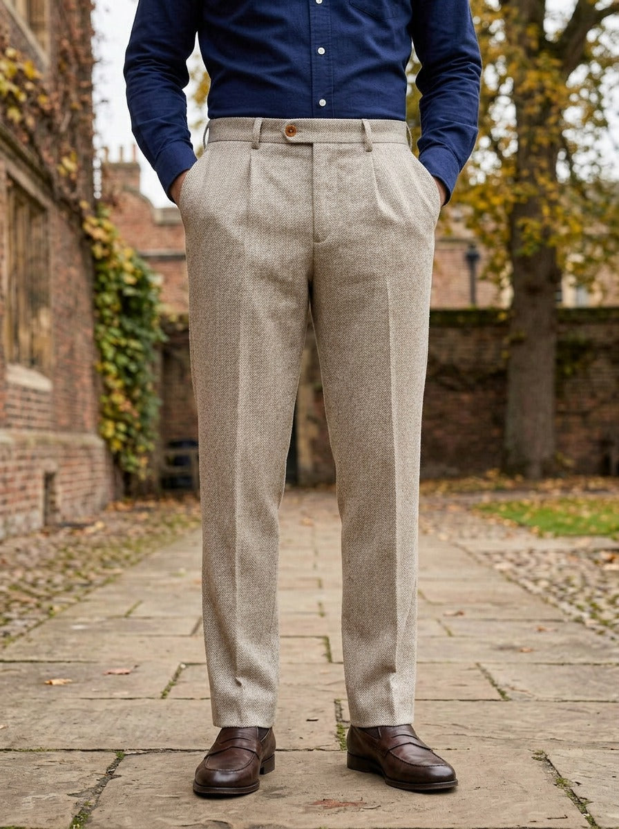 Bowman herringbone single pleat trousers in Sand, lifestyle in a brick college courtyard, Gentlemens Manor