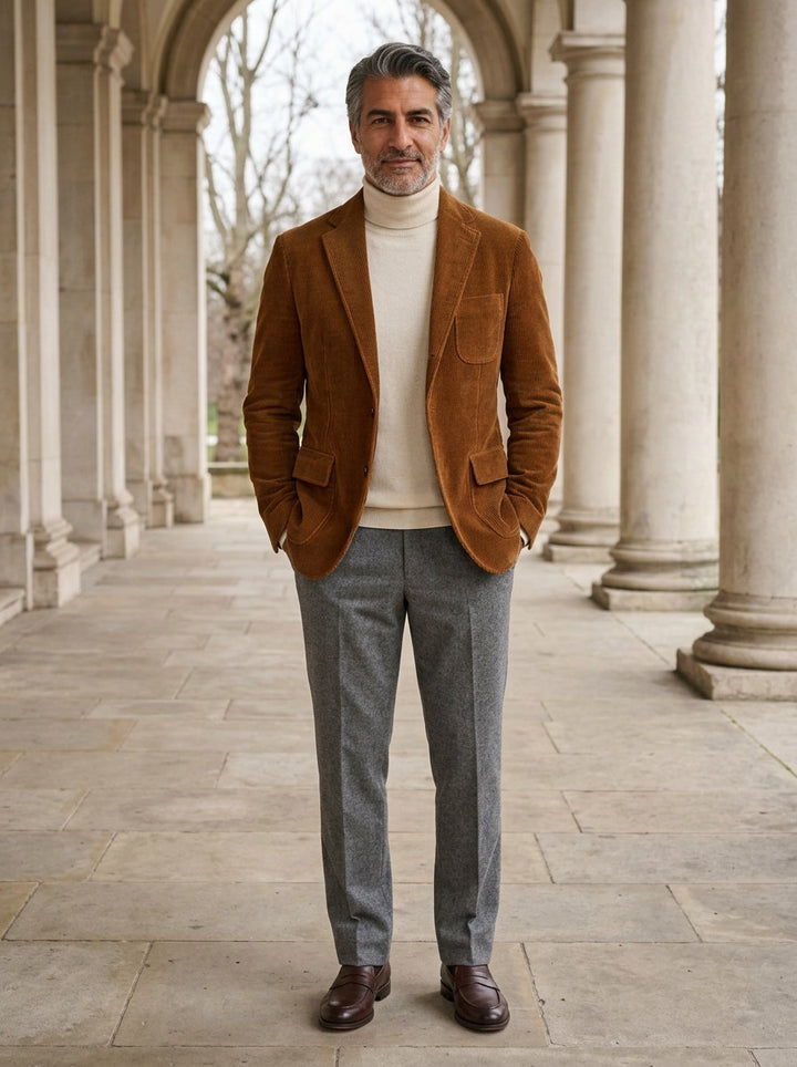 Bradbury corduroy flap pocket blazer in Brown, lifestyle in a stone colonnade, Gentlemens Manor