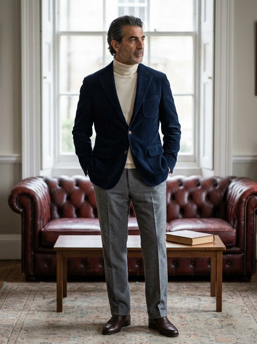 Bradbury corduroy flap pocket blazer in Navy, lifestyle in a club reading room, Gentlemens Manor