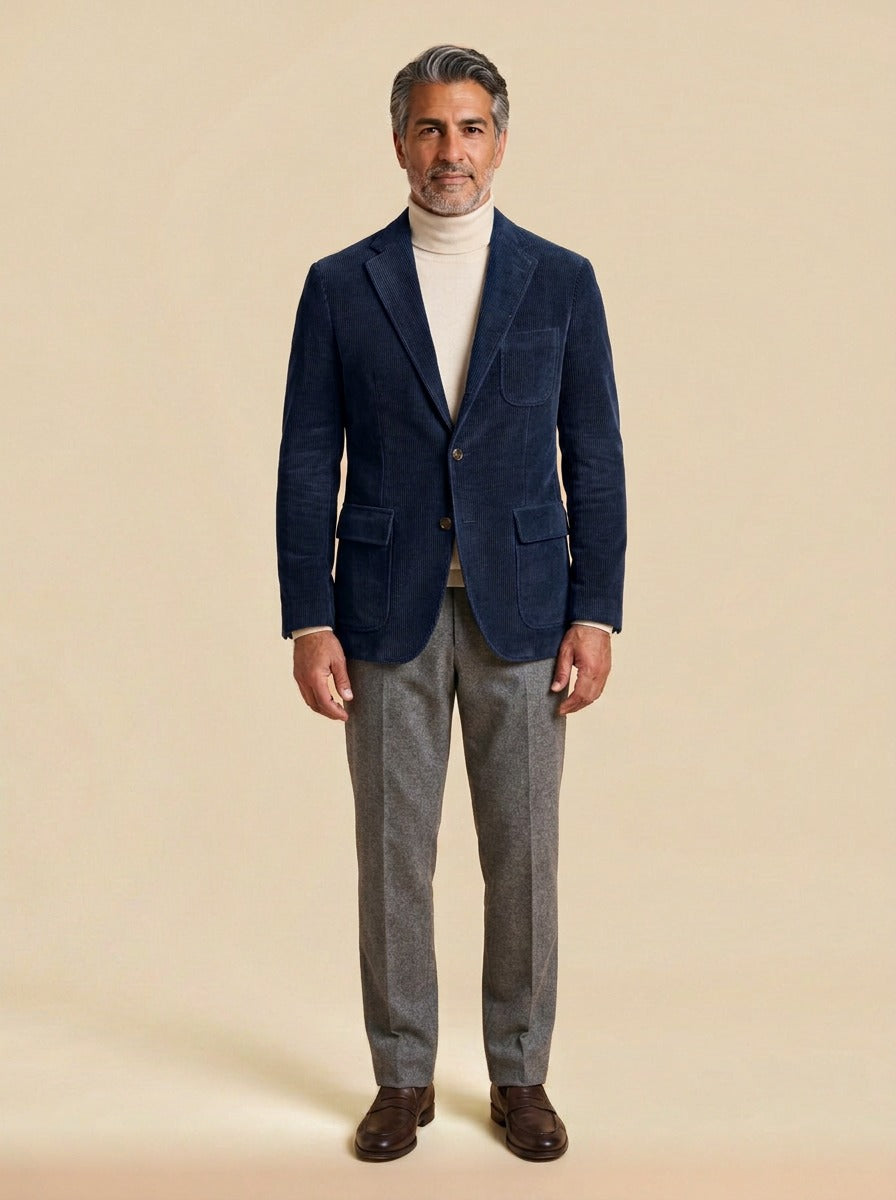 Bradbury corduroy flap pocket blazer in Navy, studio, Gentlemens Manor