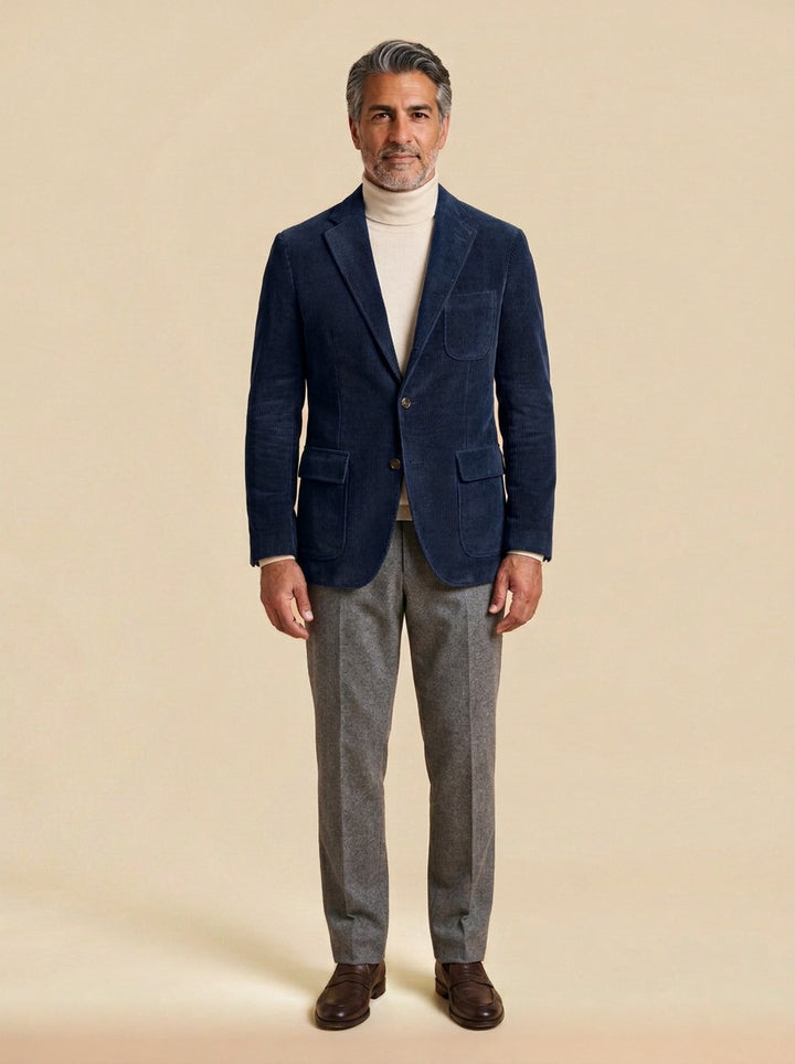 Bradbury corduroy flap pocket blazer in Navy, studio, Gentlemens Manor