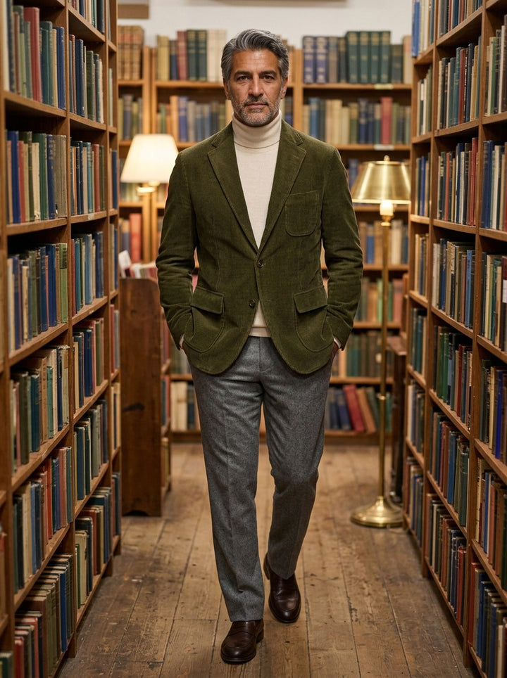Bradbury corduroy flap pocket blazer in Olive, lifestyle in a secondhand bookshop, Gentlemens Manor