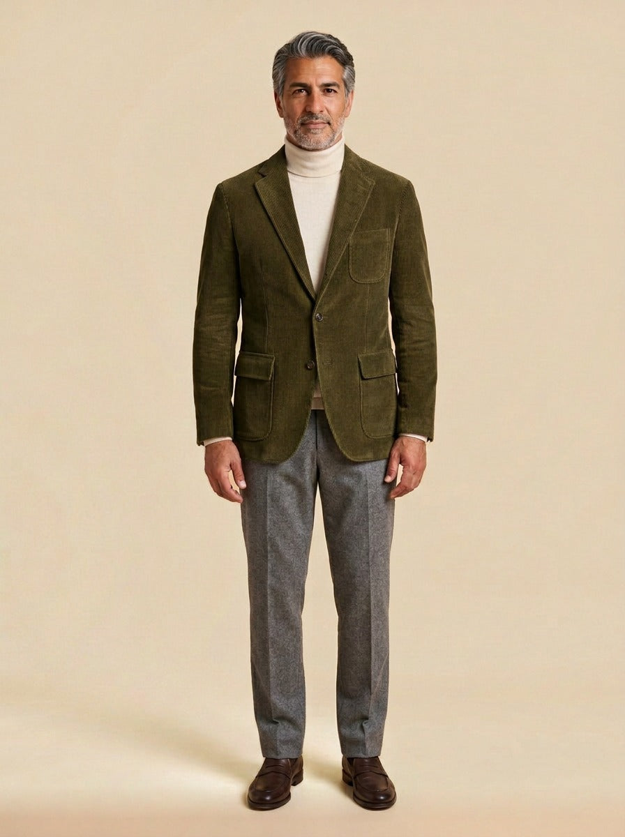Bradbury corduroy flap pocket blazer in Olive, studio, Gentlemens Manor