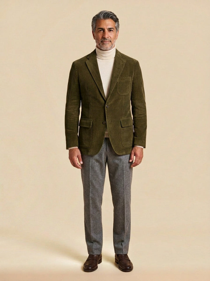 Bradbury corduroy flap pocket blazer in Olive, studio, Gentlemens Manor