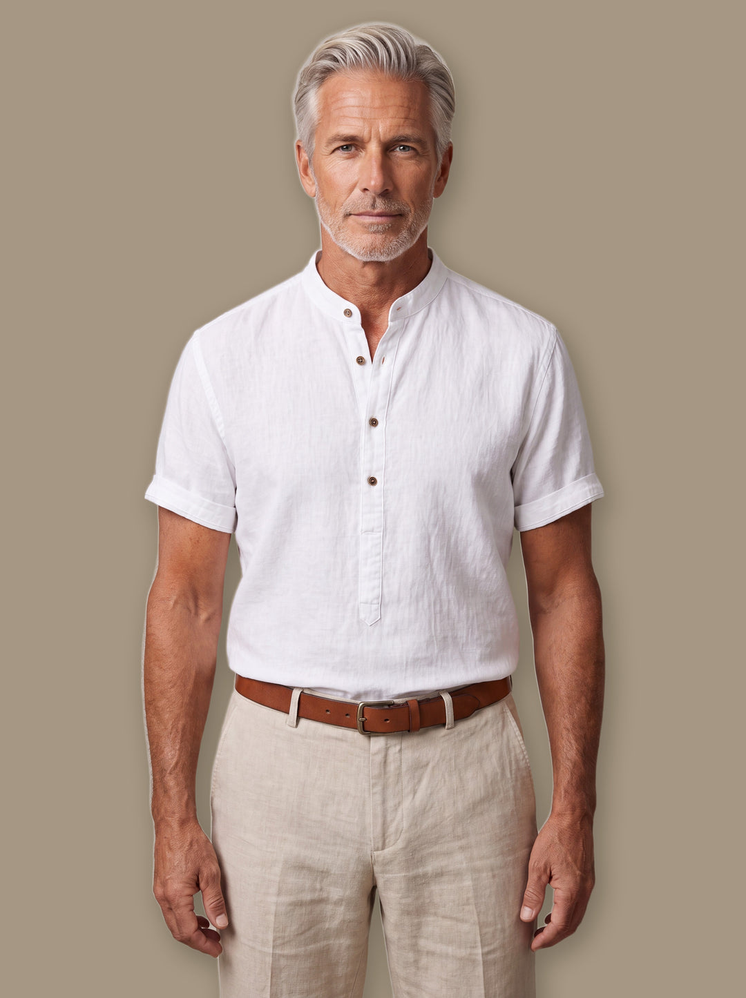 Bradford linen shirt in White, worn by a model on a warm taupe studio background - Gentlemens Manor