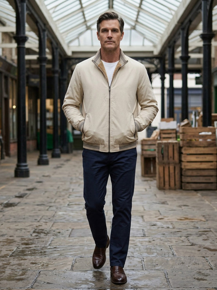 Bramley sherpa lined bomber jacket in Cream, lifestyle in a covered market hall, Gentlemens Manor