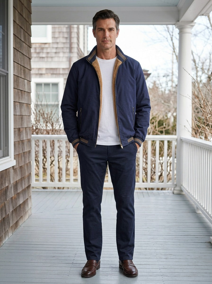 Bramley sherpa lined bomber jacket in Navy, lifestyle on a covered porch, Gentlemens Manor