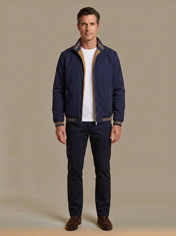 Bramley sherpa lined bomber jacket in Navy, studio, Gentlemens Manor
