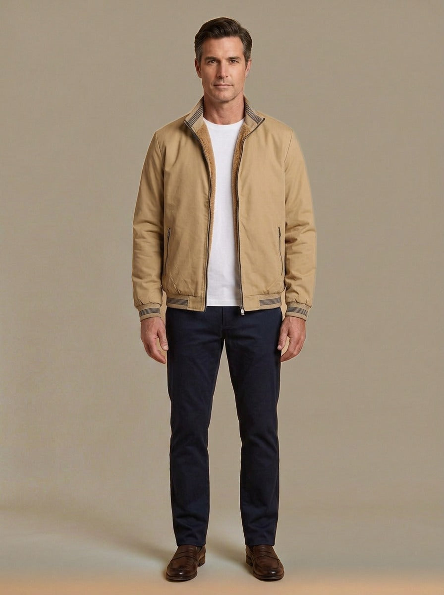 Bramley sherpa lined bomber jacket in Sand, studio, Gentlemens Manor