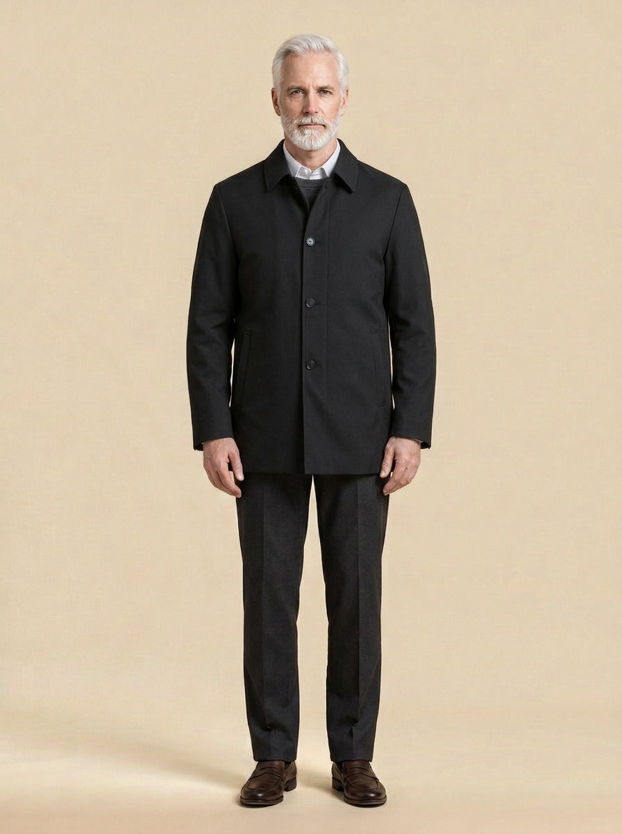 Branson spread collar car jacket in Black, studio, Gentlemens Manor