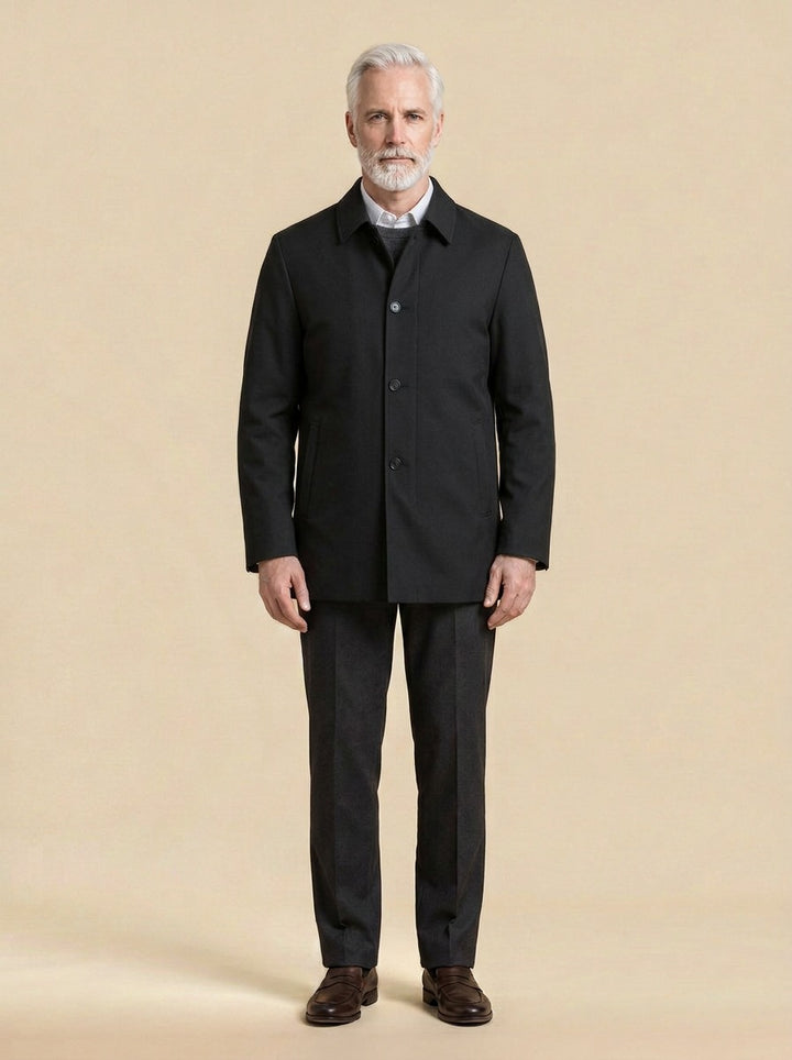 Branson spread collar car jacket in Black, studio, Gentlemens Manor