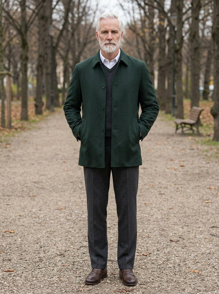 Branson spread collar car jacket in Green, lifestyle on a park path, Gentlemens Manor