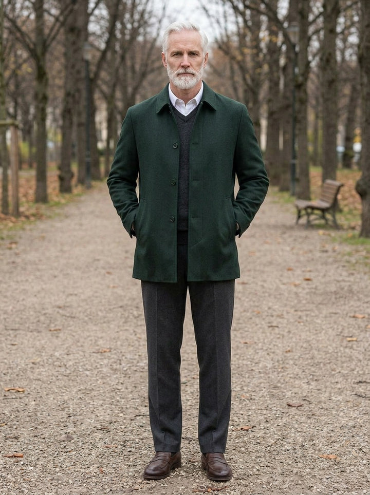 Branson spread collar car jacket in Green, lifestyle on a park path, Gentlemens Manor