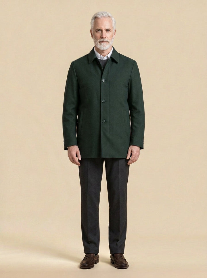 Branson spread collar car jacket in Green, studio, Gentlemens Manor