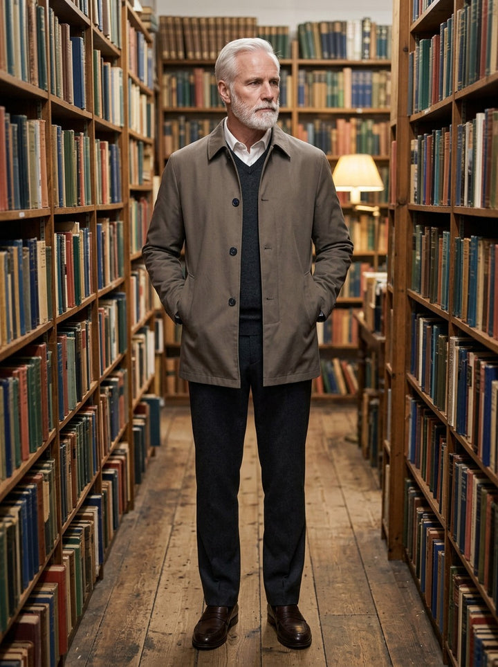 Branson spread collar car jacket in Grey, lifestyle in a secondhand bookshop, Gentlemens Manor