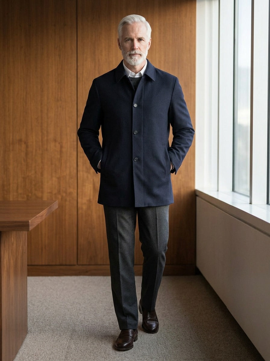 Branson spread collar car jacket in Navy, lifestyle in a timber paneled office, Gentlemens Manor