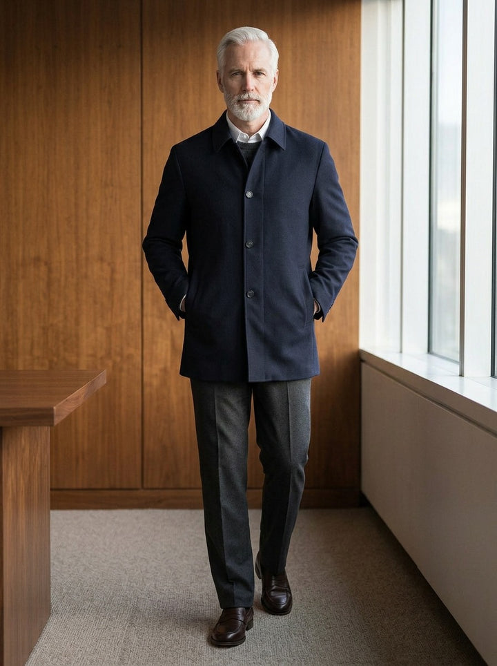 Branson spread collar car jacket in Navy, lifestyle in a timber paneled office, Gentlemens Manor